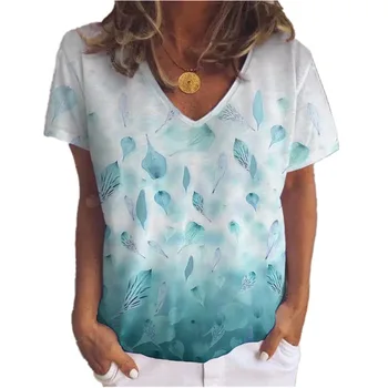 Ženy Bežné T-Shirt 2021 Letné Krátke Rukáv V Krku T-shirt Veľké Veľkosti 4XL 5XL Listy Gradient Tlač Voľné Topy Lady Streetwear
