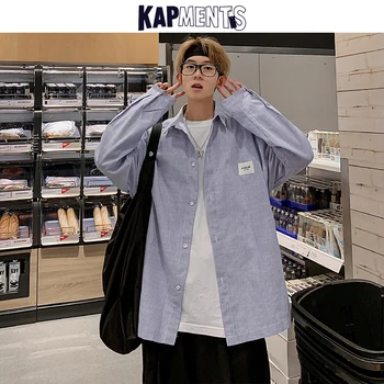 KAPMENTS Mužov kórejský Pruhované Tričko s Dlhým Rukávom 2020 Muž Harajuku Streetwear Voľné Košele Pár Nadrozmerné Módne Oblečenie Kpop
