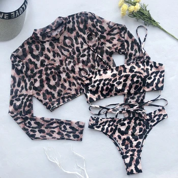 2021 Sexy Bikiny Leopard Tri Kus Plavky Dámske Plavky Dlhý Rukáv Opaľovací Krém Pláže Pokrýva Plávať