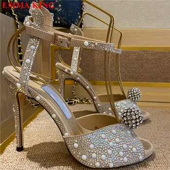 Elegantné Dámy Crystal Pearl Svadobné Sandále Luxusné Gladiator Sandále Na Vysokom Opätku Strany Topánky Žena Femme Sandalias Mujer 2021
