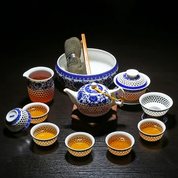 11PCS Duté Honeycomb Kung Fu Čaj Nastaviť Modré a Biele Porcelánové Drinkware Keramické Sklo Teacup Kanvica Gaiwan Nečistôt Reálnej Pohár