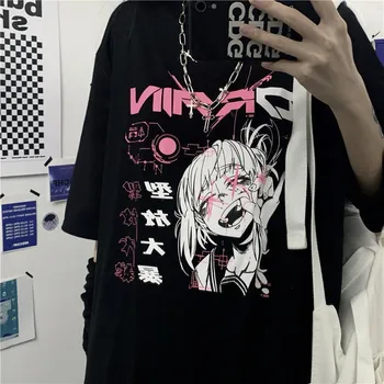 Vintage anime, komiksu t shirt ženy, gotické oblečenie tričko streetwear tlač voľné topy 2020 kórejský letné čierne tričko