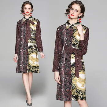 Euro-Americkej Anglicko Štýl Voľné Tričko Golier Cardigan Šaty Značky Dizajn Tlače Dlhý Rukáv Vintage Žena Harajuku Francúzsky Šaty