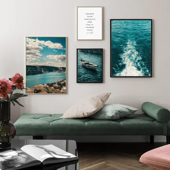 Modrá morskej vody Loď vyhliadková Veža Wall Art Plátno na Maľovanie Nordic Plagáty a Potlačou obrazov na Stenu pre Obývacia Izba Domova
