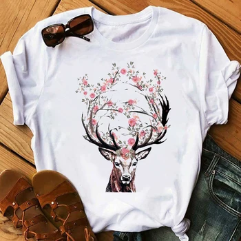 Antilopy hlavu kvetina Tlače Biele tričko Ženy Letné Tričko Krátky Rukáv Harajuku Nadrozmerné Topy Žena T-shirt Hip Hop Oblečenie