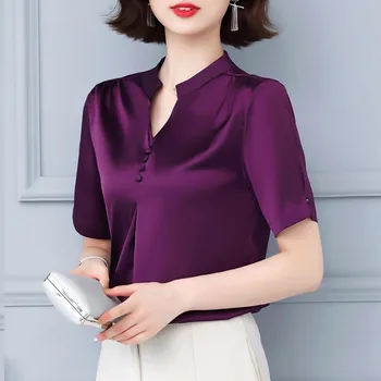 2021 Letné Módy Ženy Topy Krátky Rukáv Bežné Elegantné Dámske Topy Pevné Office Lady Tlačidlo tvaru Ženy Oblečenie 5379 50