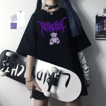 2021 gotický Harajuku cartoon Medveď tlač krátke sleeve T-shirt ženy y2k topy Lete streetwear O-krku sladké dievčatá tee tričko