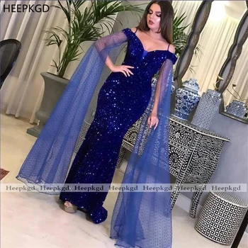 Dlho Morská Víla Večerné Šaty Kráľovskej Modrej Flitrami Iskrivý Arabské Ženy Party Šaty Plus Veľkosť Dlhý Rukáv Formálne Šaty Župan Soiree