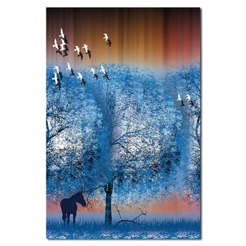 Lietajúce Vtáky V Klasickej Impressionic Maľované Lesy s Koňom Krásy Zobrazenie Pozadia Plagát Dekoratívny Nábytok do Obývacej Izby