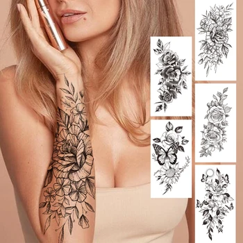 DIY Kvetinový Dočasné Tetovanie Pre Ženy, Dievčatá Black Butterfly Ruže Kvet Tetovanie Nálepky Falošné Potu Pea Rameno Tatoos Body Art