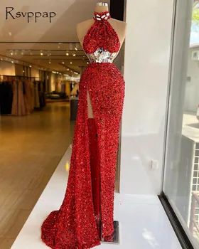 Iskrivý Dlhé Červené Večerné Šaty 2021 Sexy Vysokej Štrbinou Cryatsl Africkej Ženy Dubaj Dizajn Formálnej Strany Plášte