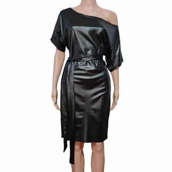 Ženy PU Kožené Šaty 2020 Nové Jeseň Sexy Čierne Jedného Pleca Posádky Krku Slim Fit Bodycon Obväz Strany Klubu Mini Šaty