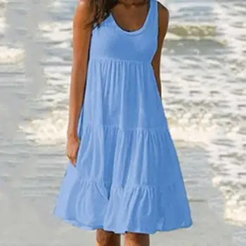 Hot Predaj!!!Pláž Letné Voľné Skladaný Sundress Ženy Jednofarebné Bez Rukávov Midi Šaty