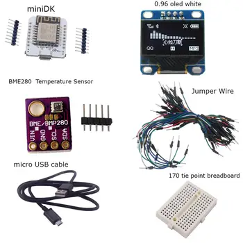 MiniDK Meteo Stanica Kit (MiniDK +0.96 OLED+Breadboard+65pcs Skok Drôt+Micro USB Kábel+ BME280 Vlhkosti Snímač Teploty)