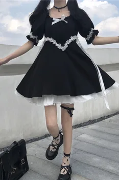 Japonský Štýl Mäkké Dievča francúzsky Námestie Golier Luk Obväz Dizajn Black Lístkového Rukáv, Krátke Rukáv Šaty pre Ženy Lete