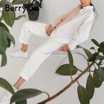 BerryGo Jesenné Farby Blok Bežné Ženy, Blúzky, Pevná Bavlna Klope Golier Office Lady Tričko Plný Svietidla Rukávy Zena Top 2021