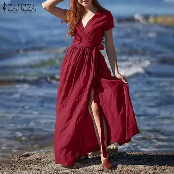 Dámske Elegantné Bavlna Vestido Ženskej Módy Poschodí Šaty ZANZEA 2021 Leto V Krku Kaftan Holiday Beach Bežné Šaty