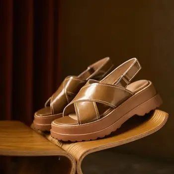 RIZABINA Ženy Reálnom Kožené Sandále, Topánky Hrubé Dno Pracky Popruhu Farbou Vonkajšie Bežné Dámy Obuv Veľkosť 34-42