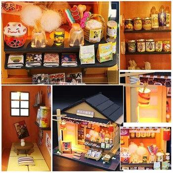 Japonský Štýl Obchod s potravinami 3D Drevený domček pre bábiky Miniaturas s Furnitures DIY doll house auta hračka pre Deti, Brithday darček