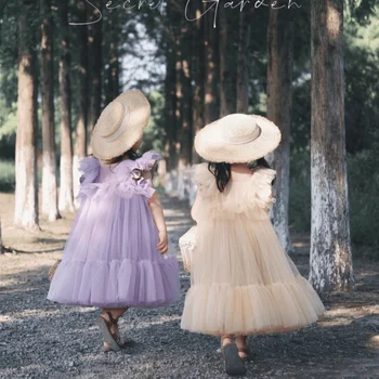 Dieťa Dievča Princezná Prehrabať Šaty Dlhé Batoľa Dievča Leta Vintage Vrstva Vestido Gázy Strany Sprievod Narodeniny Detské Oblečenie 1-7Y