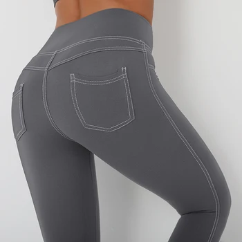 2021Sports dámy imitácia denim vrecku hip fitness jóga nohavice vysoký pás anti-drepe športové bežecké športové gym legíny