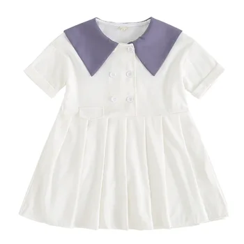Biele Krátky Rukáv Dvojité Breasted Deti Šaty Pre Dievčatá Oblečenie 2021 Letnej Školy Šaty Deti Princezná Veku 4 6 8-17 Rokov