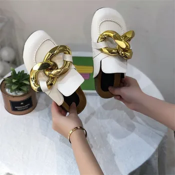 Dizajn Značky Ženy Papuče Módne Veľké Zlaté Reťaze Sandále, Topánky Kolo Prst Pošmyknúť Na Tkaných Ploché Päty Bežné Listov Flip 2021