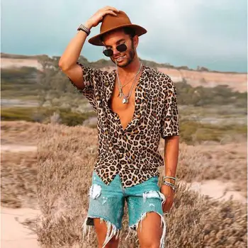 2019 Muži Móda Voľný čas Leopard tlač Košele Bežné T-shirt Šortky Rukávom Letné Topy