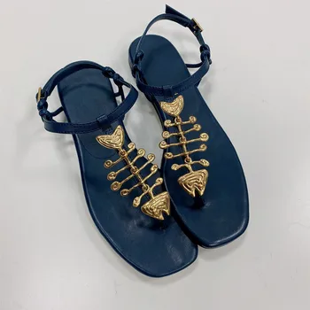 Nové Letné Byt Kože Flip-Flop Sandále Zlato Fishbone Dizajn Lady Pohodlné Gladiator Sandále Luxusné Ženy Party Šaty Topánky
