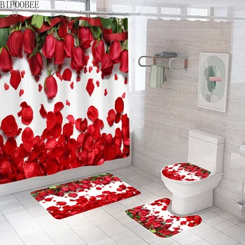 Red Rose Lístkov Vytlačené Sprchový Záves Dovolenku Dekorácia Vysokej Kvality, Kvety Vzor Kúpeľňa Záclony Nastaviť Vaňa Rohože Koberce