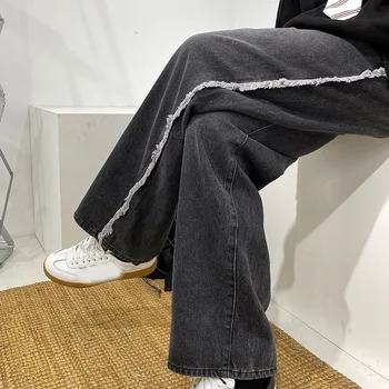 IEFB Čierna Vysoký Pás Rovné Džínsy Pre Mužov kórejský Vintage Trend Umývanie Urobiť Staré Bežné Džínsové Nohavice Strane Surové Edages Dizajn Nohavice
