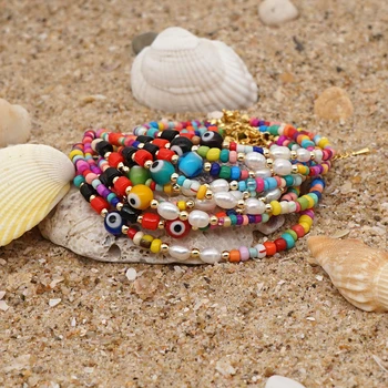Go2Boho Grécky Zlým Okom Členok Náramok Šperky 2021 Rainbow Ponožky Pre Ženy Korálkové Anklet Letné Beach Pearl Tobillera Jewellry