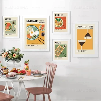 Retro Kuchyne Potravín Nordic Plagát Cestoviny Sushi Knedle Chlieb Plátno na Maľovanie na Stenu Obrázok pre Jedáleň Reštaurácia Dekorácie