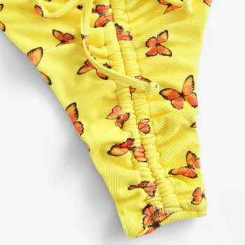 Žltý Motýľ Tlač Výška Pás Nastaviteľný Popruh Okolo Ženy Bikini Set Dvoch Kusov S Hrudníka Pad Plavky bañador mujer