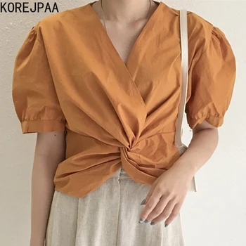 Korejpaa Ženy Blúzky 2021 Lete kórejský Módne, Elegantné tvaru Kríža-kudrna Dizajn Voľné Krátke Bublina Rukávy Tričko Top Žena