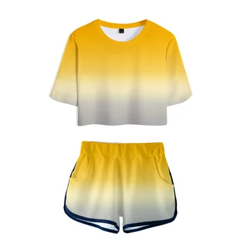 Bežné 3D Gradient Farba Vystavení Pupok T-tričko + krátke Nohavice Ženy Kus Dvoch Sád Módne Fialové Letné Dievča Krásne farby Vyhovuje
