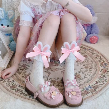 Japonský Sladké Dievča Lolita Čipky Veľké Králičie Uši Ponožky Roztomilý Čipky Luk Prehrabať Ružové Ponožky pre Ženy Kawaii Čipky Ponožky
