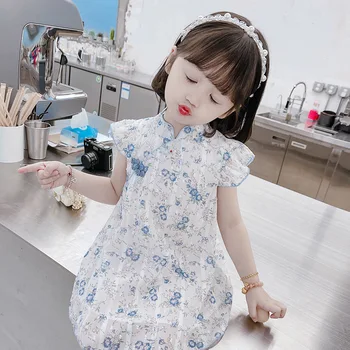 Letné Nové Módne Dievčatá Oblečenie Cheongsam Dieťa Lietania Rukávy Vylepšenú Verziu Čínske Šaty