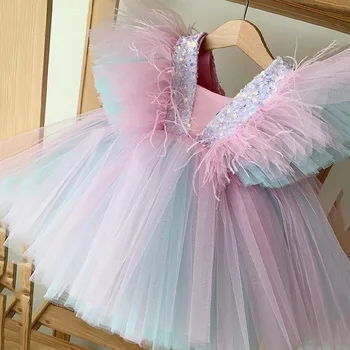 Detské oblečenie tvaru detí, dospievajúcich Sprievod plesové šaty, letné svadobné rainbow Sequin načechraný Princess Party Šaty pre dievčatá šaty