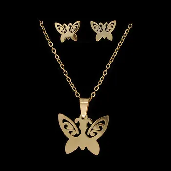 Nerezovej Ocele, PVD Zlatá Vyplnené Motýľ Náušnice Náhrdelník Šperky Set Veľkoobchod 45 cm Prívesok Náhrdelníky AAAAA Kvalite