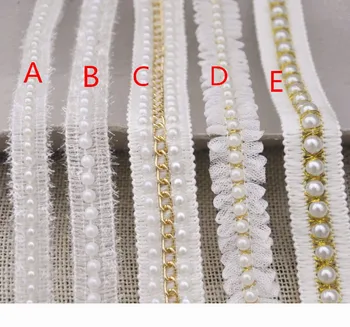 1M Biele Perlové Čipky Textílie Tylu Voile Skladaný Flitrami Zlato Čipky Stuhou Golier Guipure Výbava Dekor Šitie Nášivka dentelle K13