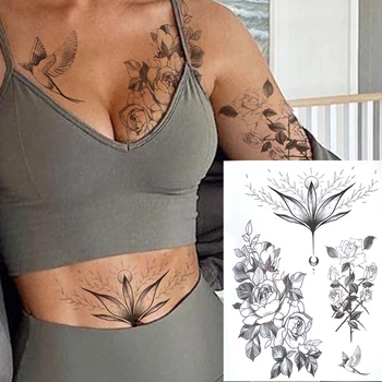 3D Black Rose Dočasné Tetovanie Pre Ženy, Dospelých Realistické Dahlia Pivónia Leaf Flóry Falošné Tetovanie Nálepky Veľké Tetovanie Papier Predlaktia