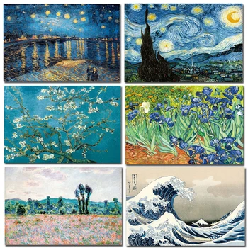 Slávny Umelec Van Gogha, Hviezdna Obloha, Olejomaľba Slnečnice Iris Kvet Krajiny Plátno Na Maľovanie Plagátu Tlač Nástenných Dekorácií Obrázok