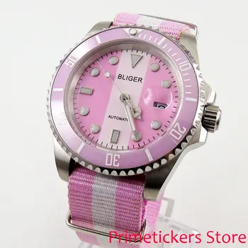 40 mm Bliger ružová, biela dial dátum sapphire crystal automatický pohyb dámske hodinky nylon popruh
