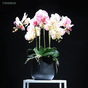 Ružová Orchidey DIY Kvet Dohoda Bonsai (5 Orchidea +5 Listov+Moss +Pot) Phalaenopsis Tabuľka Vrchol Domáce Dekorácie INDIGO