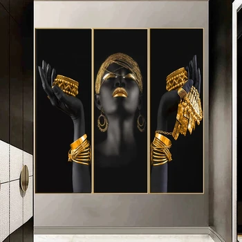Black Gold Žena, Zlaté A Strieborné Šperky, Umelecké Plátno, Maľovanie Africké Dievča Ruky Nástenná Maľba Plagát, Tlač Domáce Dekorácie