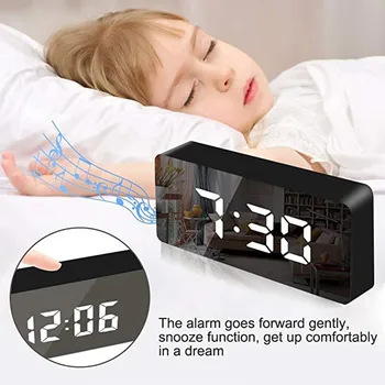 LED Zrkadlo Budík Zvukovo Aktivovaný Hodiny Nabíjateľná Nočná Hudba Hodiny Dual Alarmy s Spánok funkcia
