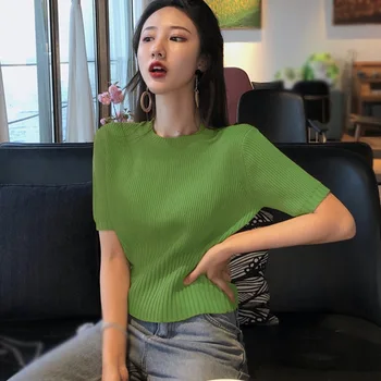 Letné Pletené T Shirt Ženy Bežné Slim Krátke Sleeve Tee Košele Kórejský Štýl O Krk Topy 202104