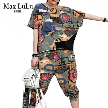 Max LuLu 2021 Letné Nový Dizajn Oblečenie Dámske Vytlačené Voľné Dva Kusy Sady Ženy Vintage Topy A Elastické Hárem Nohavice Big Veľkosť