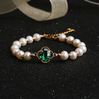 Nové prírodné sladkovodné perly náramok žena Japonsko a Južná Kórea malé čerstvé four-leaf clover náramok priateľky darček bracel
